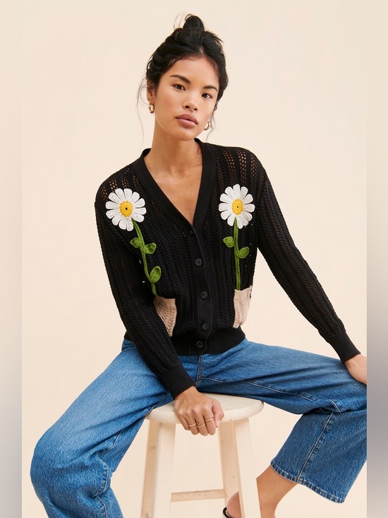 Moschino Sweaters - Boutique Moschino Daisies In My Pockets Cardigan Black Floral Size 4